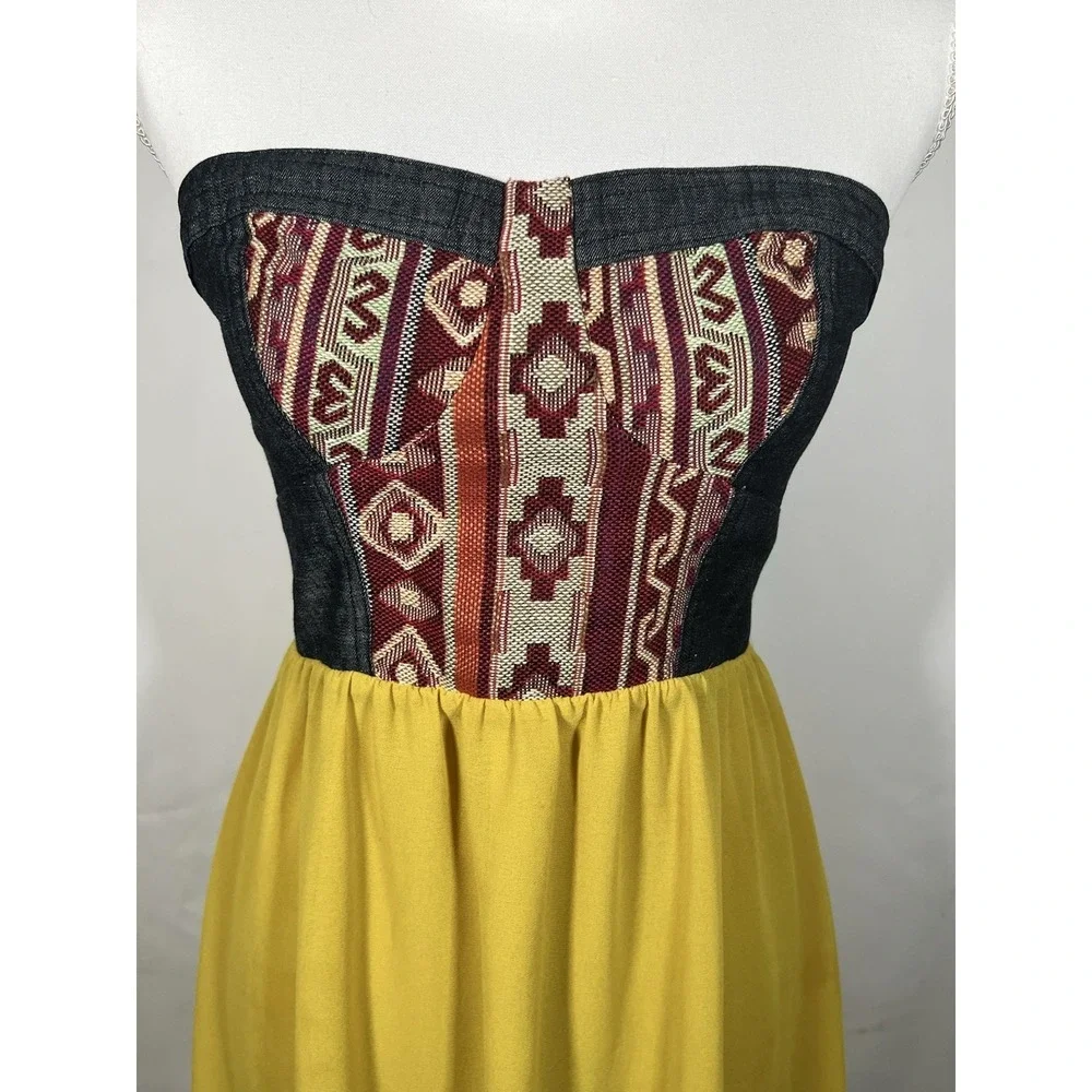 Flying Tomato Women's Strapless Dress Geometric‎ Tapestry Denim Hi/Low Size M